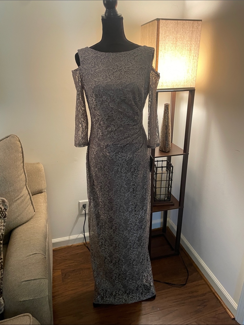 MARINA Silver Lace Cold-Shoulder Maxi Dress